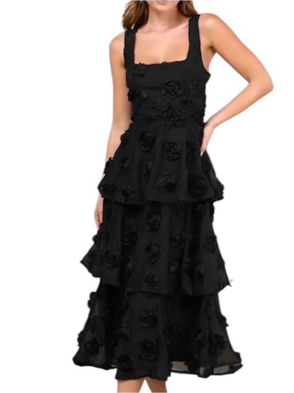 Lulu's Black Tiered Floral Applique Midi Dress